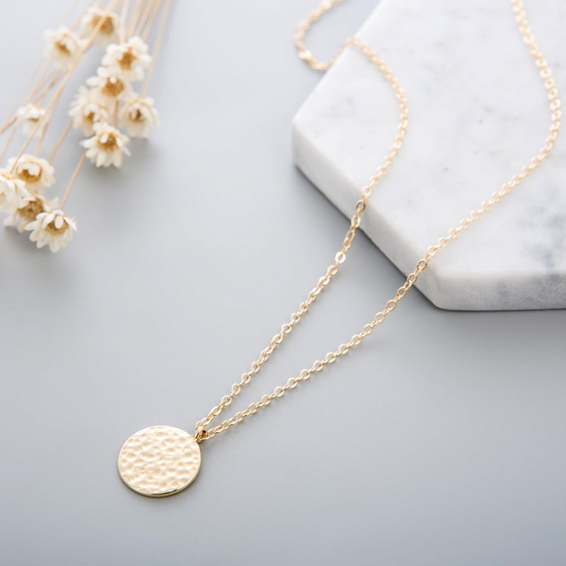 Fettero Layered Necklace Gold Satellite Chain Choker Hammered Coin Pendant 14K Gold Plated Dainty Simple Jewelry for Women - Image 5